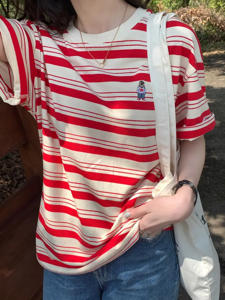 Women Striped T-Shirt Navy White Half Sleeve Korean Style — feature 6