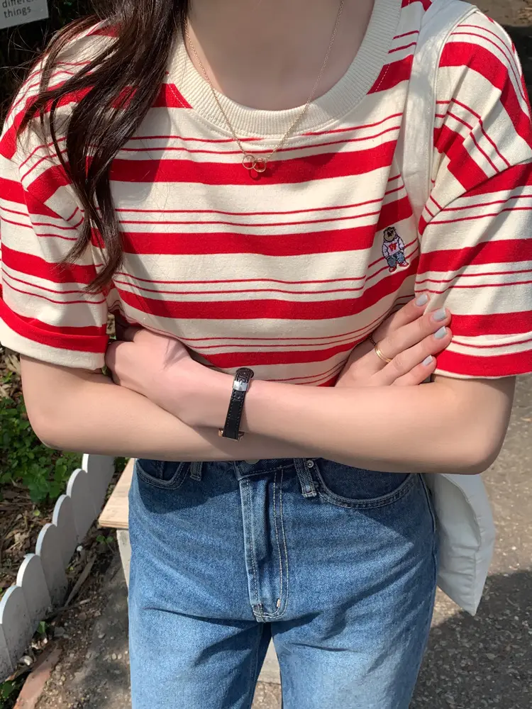 Women Striped T-Shirt Navy White Half Sleeve Korean Style — feature 7