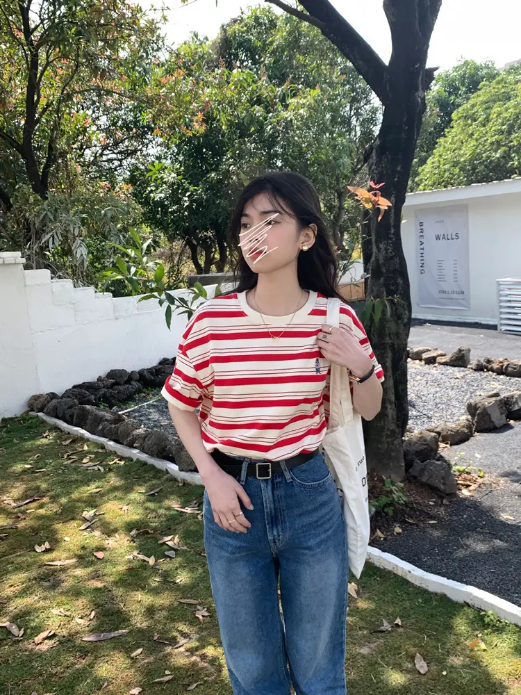 Women Striped T-Shirt Navy White Half Sleeve Korean Style — feature 8