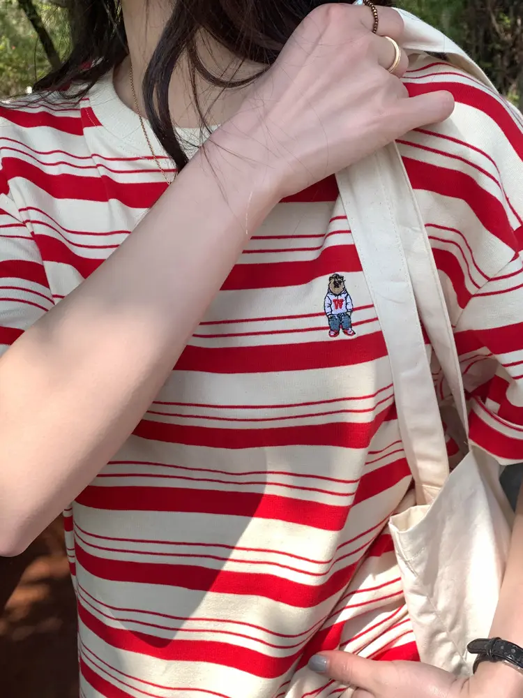 Women Striped T-Shirt Navy White Half Sleeve Korean Style — feature 9