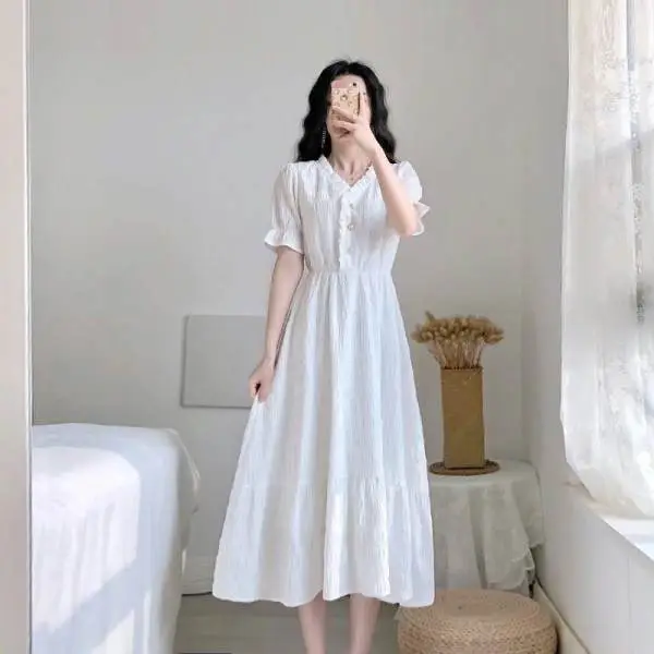 White V-Neck Slim Fit Mid-Length Dress for Women - Image 4