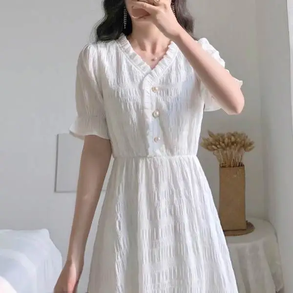 White V-Neck Slim Fit Mid-Length Dress for Women - Image 5
