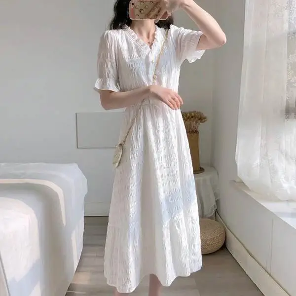White V-Neck Slim Fit Mid-Length Dress for Women - Image 6