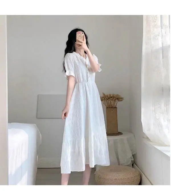 White V-Neck Slim Fit Mid-Length Dress for Women - Image 7