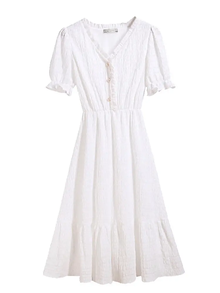White V-Neck Slim Fit Mid-Length Dress for Women - Image 8