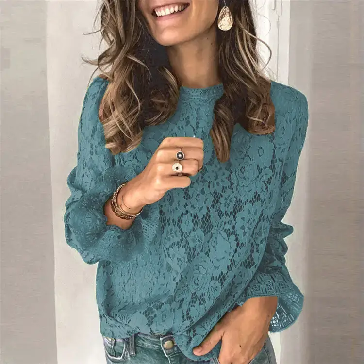 Green Hollow Lace Bell Sleeve Long Sleeve Blouse