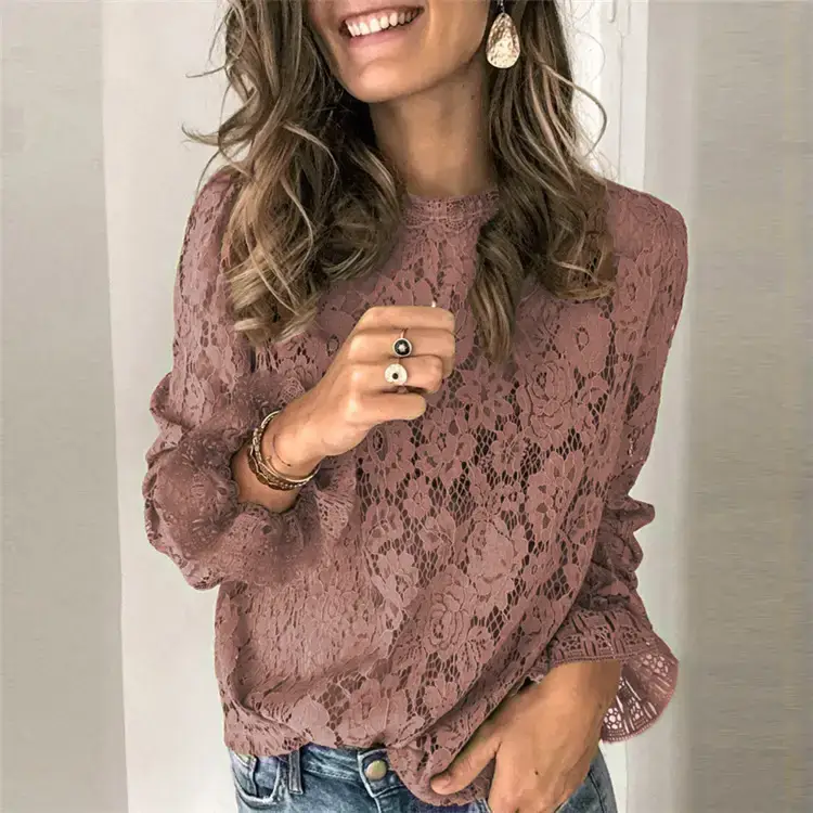Green Hollow Lace Bell Sleeve Long Sleeve Blouse