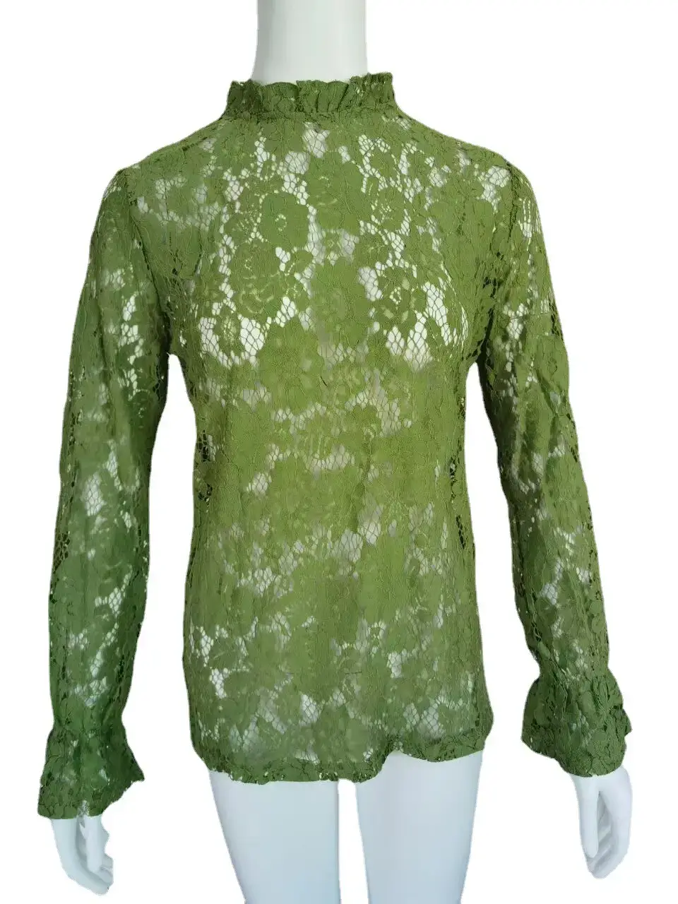 Green Hollow Lace Bell Sleeve Long Sleeve Blouse