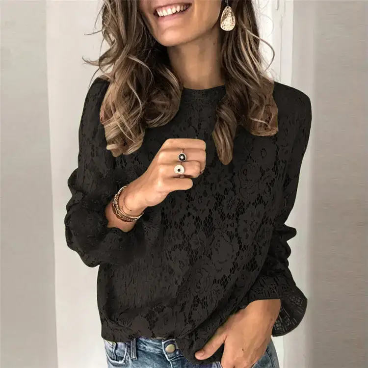 Green Hollow Lace Bell Sleeve Long Sleeve Blouse