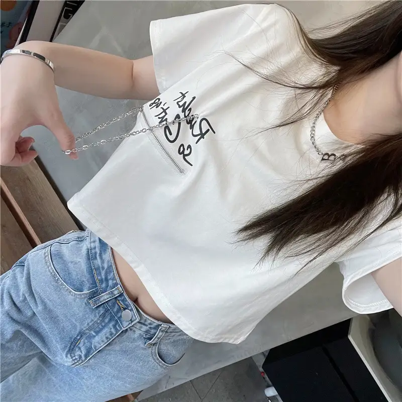 Women Loose Zipper Letter Print T-Shirt Summer 2025 — feature 10
