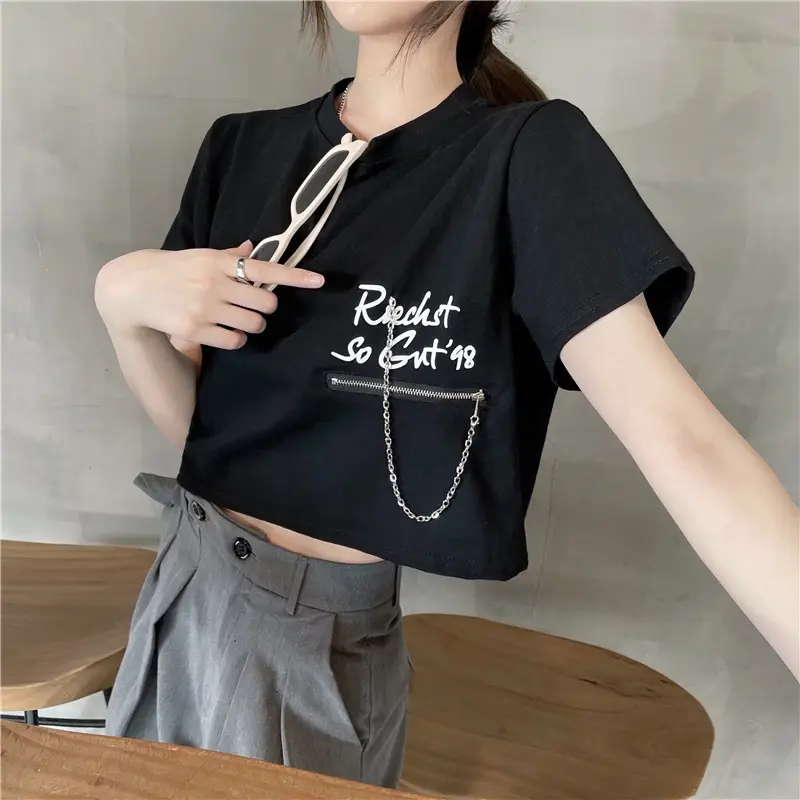 Women Loose Zipper Letter Print T-Shirt Summer 2025 — feature 11