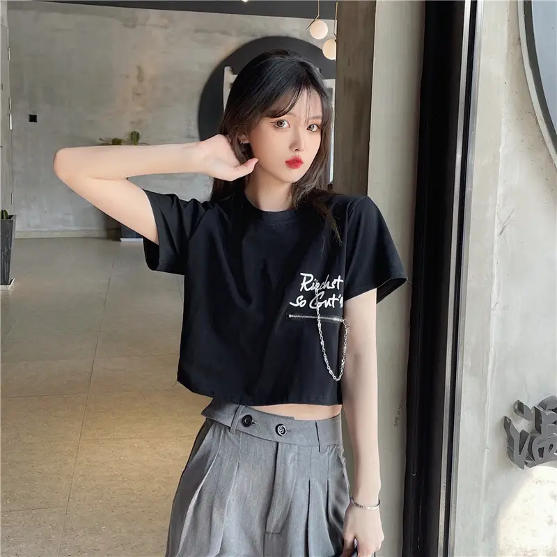 Women Loose Zipper Letter Print T-Shirt Summer 2025 — feature 12