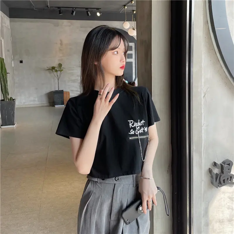 Women Loose Zipper Letter Print T-Shirt Summer 2025 — feature 17