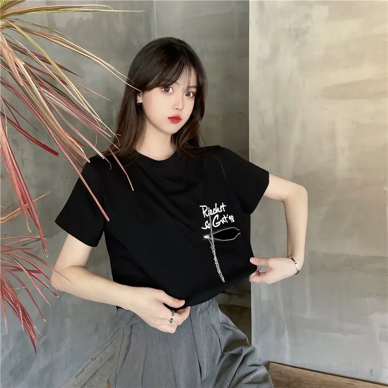 Women Loose Zipper Letter Print T-Shirt Summer 2025 — feature 18