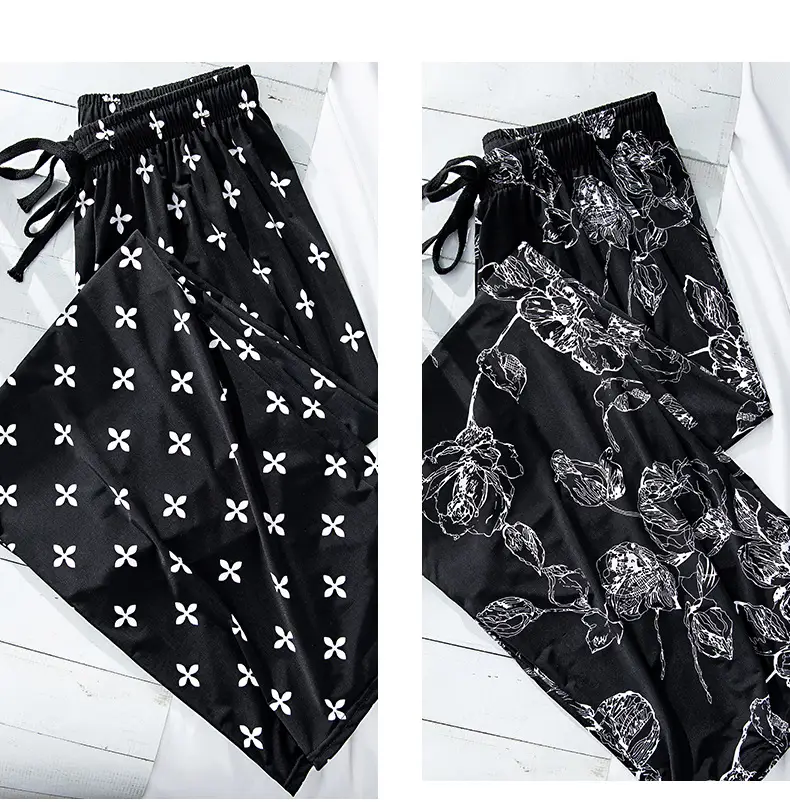 Women Black White Dog Print Wide Leg Pants Summer — feature 30