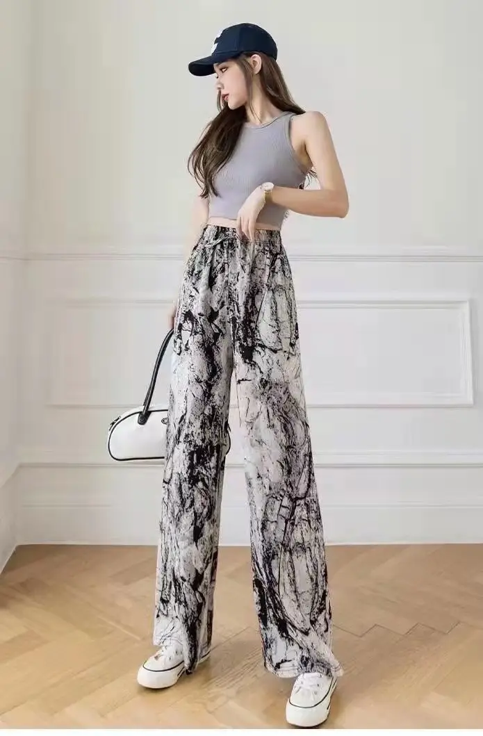 Women Black White Dog Print Wide Leg Pants Summer - Image 5