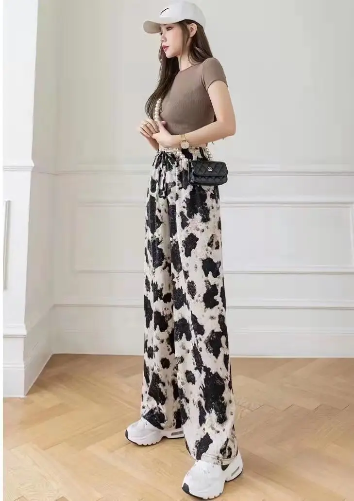 Women Black White Dog Print Wide Leg Pants Summer — feature 34