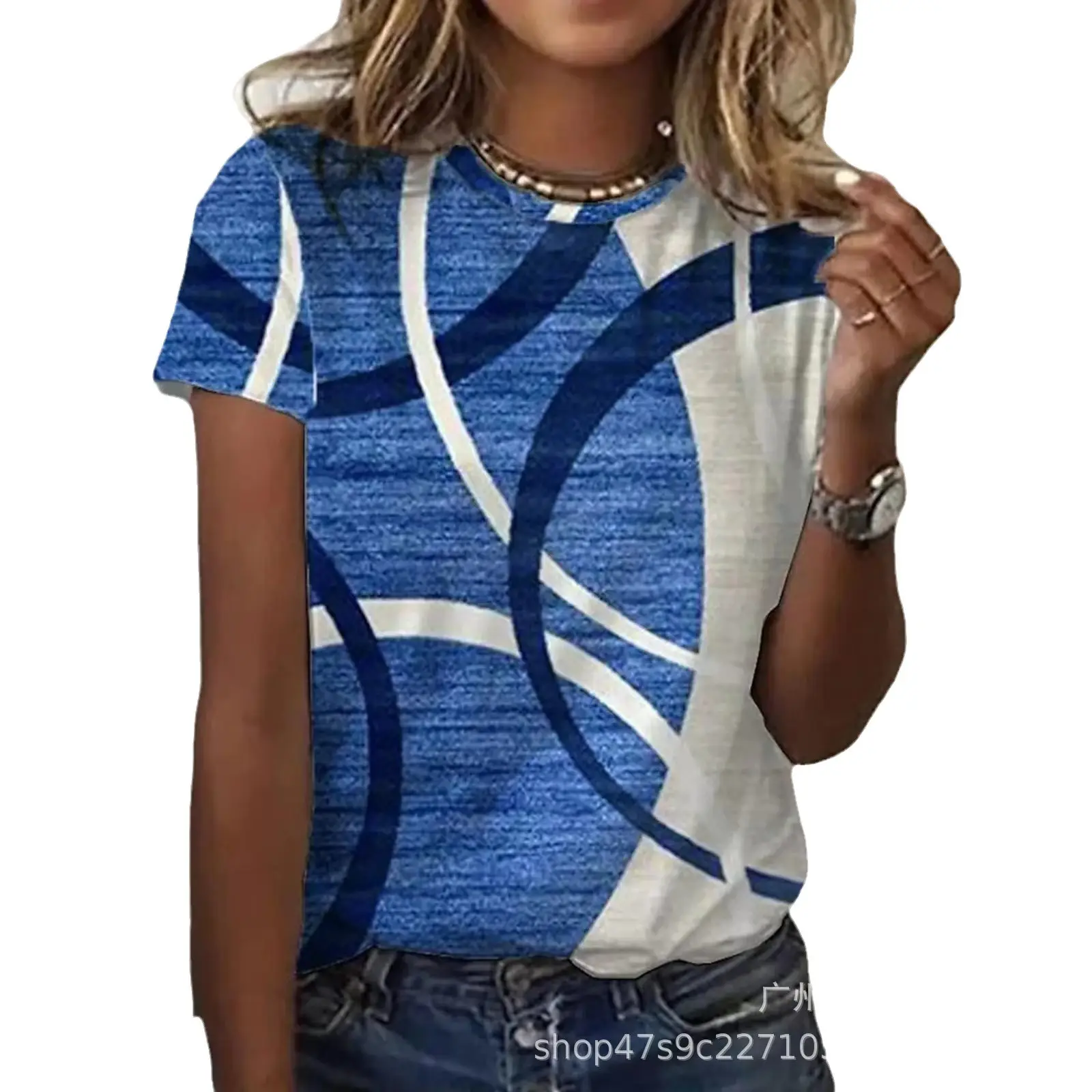 3D Printed Blue White Round Neck T-Shirt for Women - Image 10