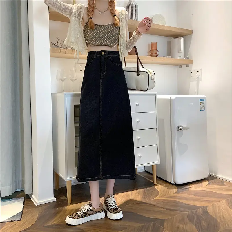 Women Denim Mid-Length Skirt Large High Waist A-Line