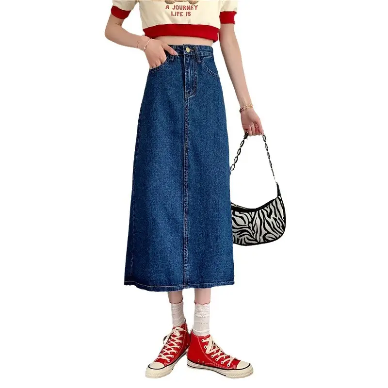 Women Denim Mid-Length Skirt Large High Waist A-Line
