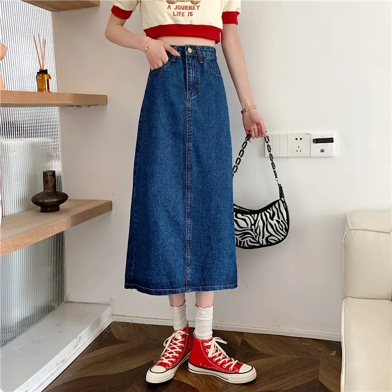 Women Denim Mid-Length Skirt Large High Waist A-Line