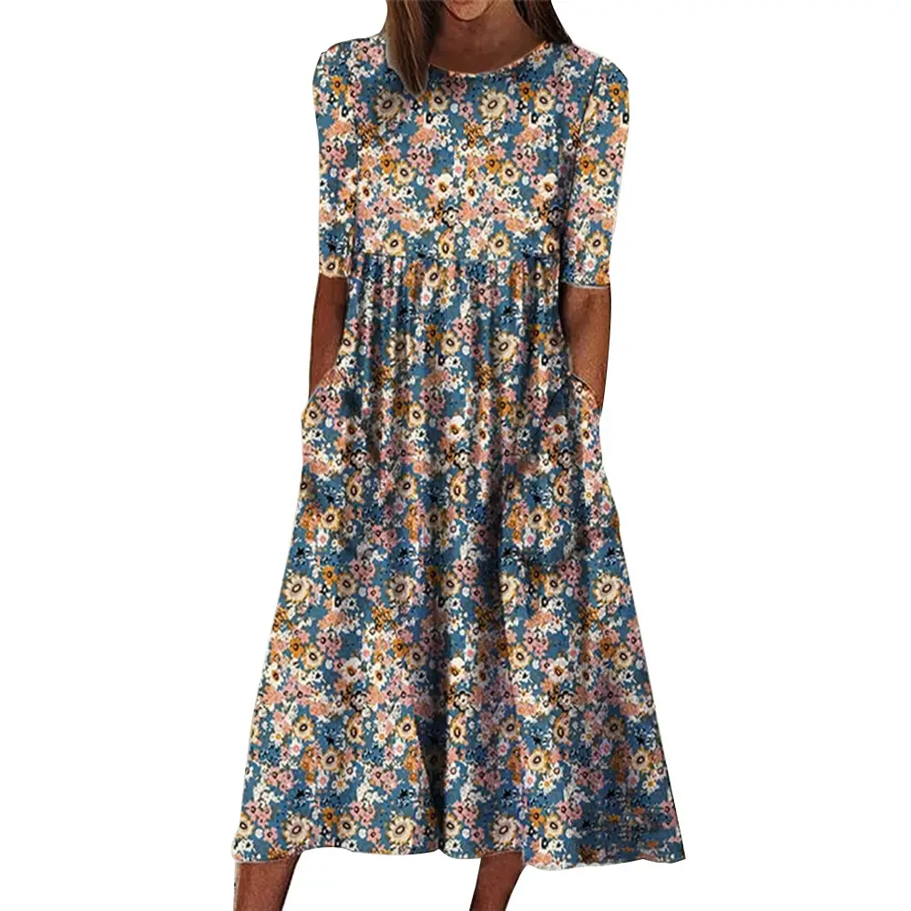 Women's Floral Flared Skirt Dress with Flap Pocket - Image 5