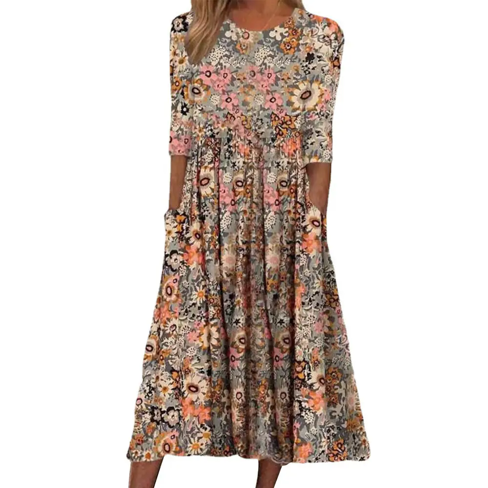 Women's Floral Flared Skirt Dress with Flap Pocket - Image 3