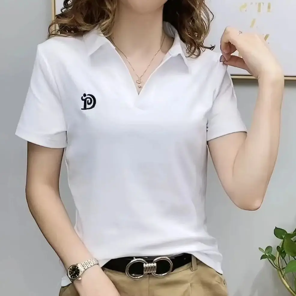 Women Green Polo Shirt V Neck Short Sleeve 2022 - Image 3