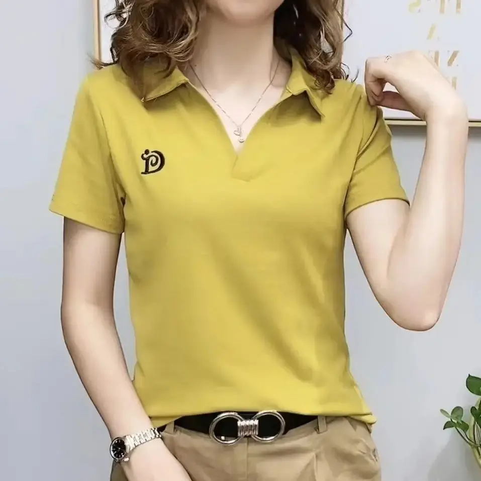Women Green Polo Shirt V Neck Short Sleeve 2022 - Image 2