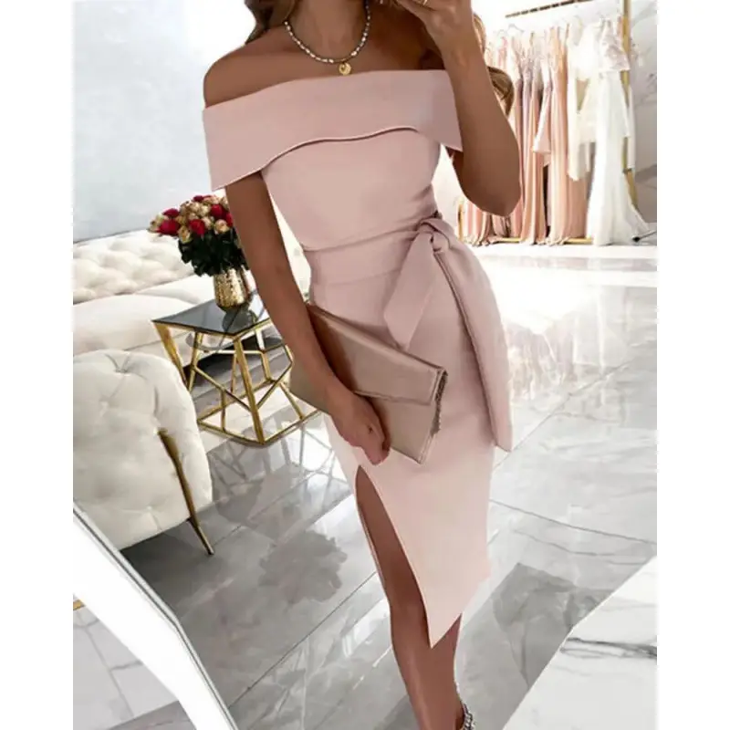 Light Blue One-Character Collar Split Dress with Strap - Image 3
