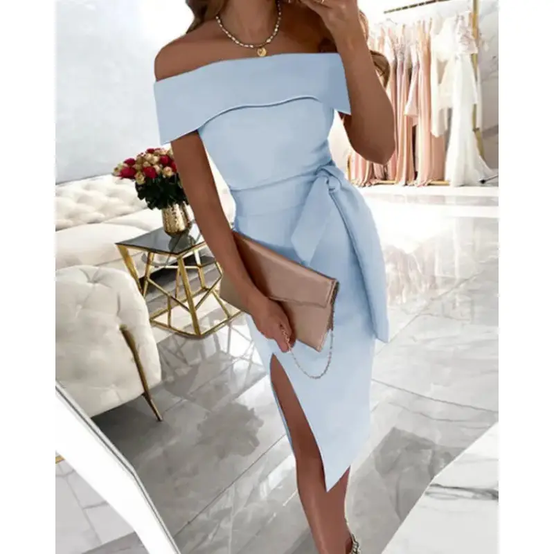 Light Blue One-Character Collar Split Dress with Strap - Image 4