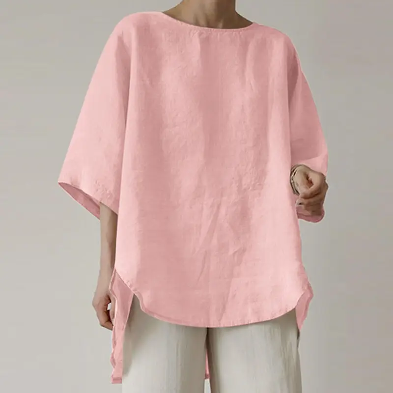Women Cotton Linen Round Neck Shirt Pink Black White Loose Casual Top