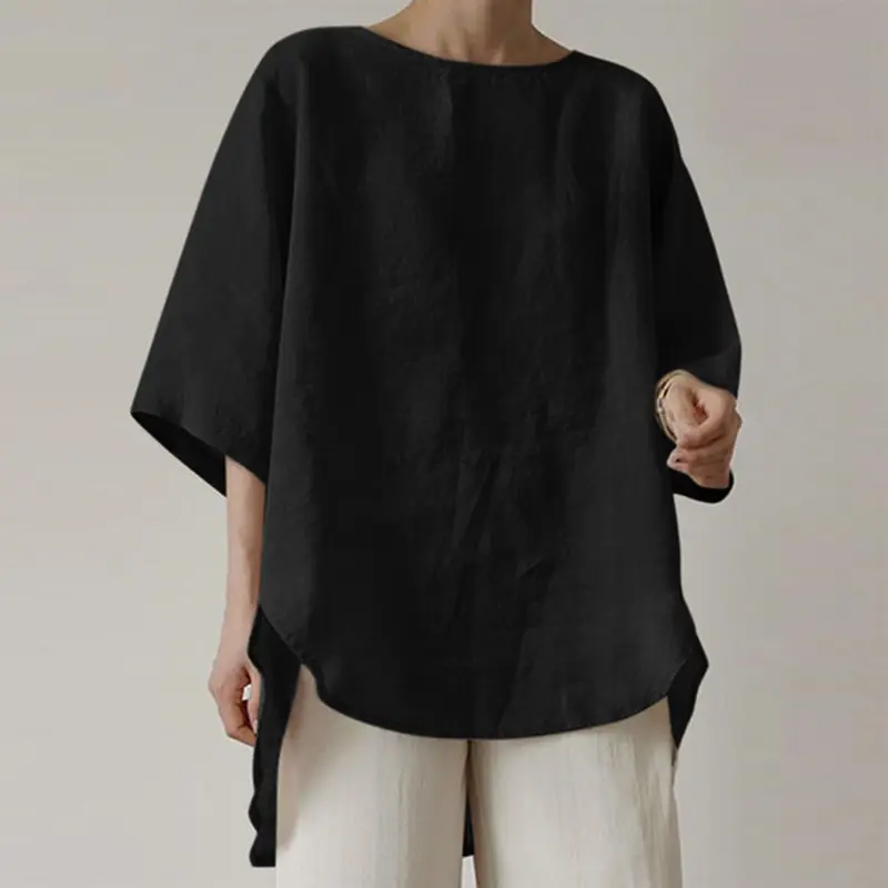 Women Cotton Linen Round Neck Shirt Pink Black White Loose Casual Top
