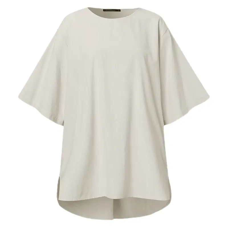 Women Cotton Linen Round Neck Shirt Pink Black White Loose Casual Top