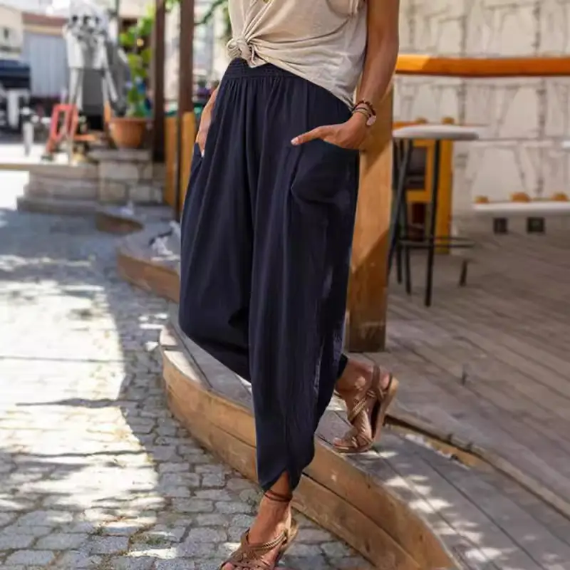 White Wide Leg Cotton Linen Leggings for Women - Image 7