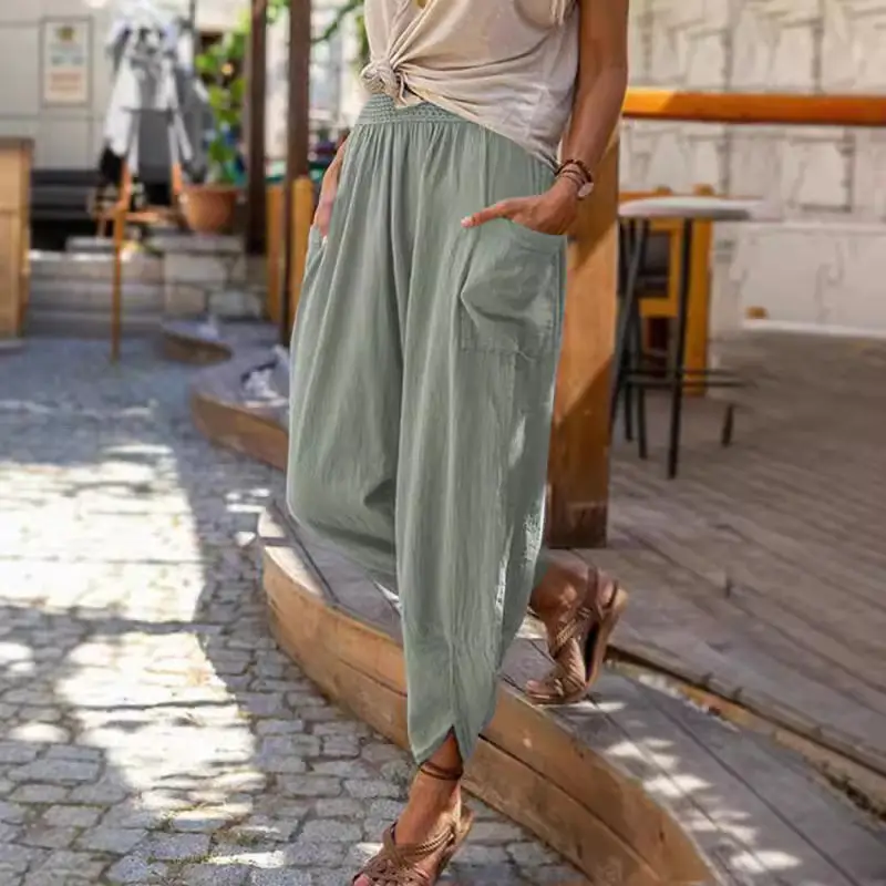 White Wide Leg Cotton Linen Leggings for Women - Image 8