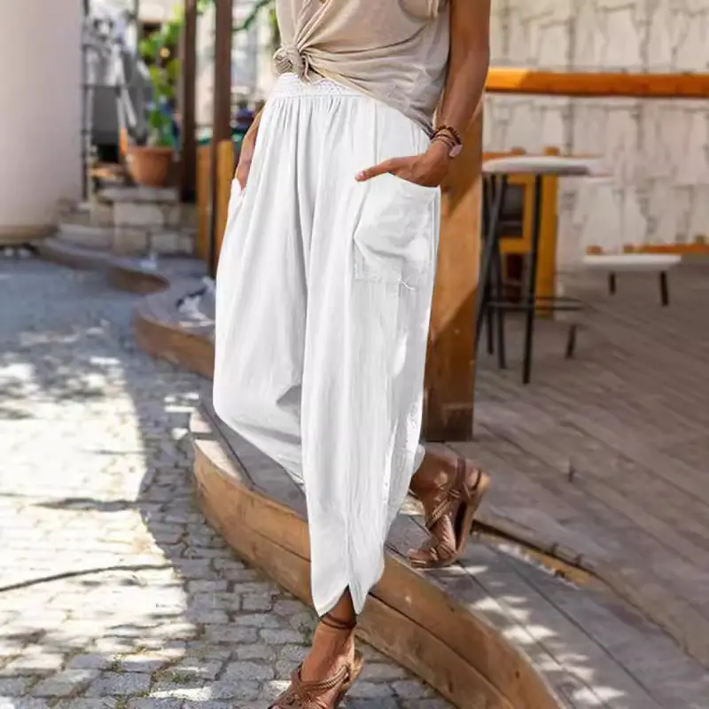 White Wide Leg Cotton Linen Leggings for Women - Image 9