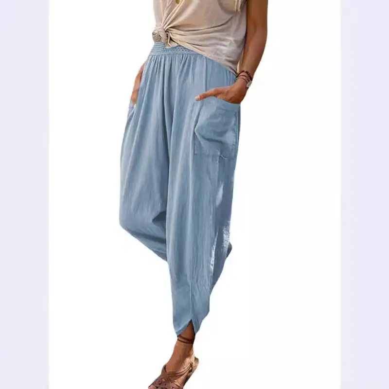 White Wide Leg Cotton Linen Leggings for Women - Image 10