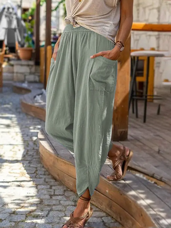 White Wide Leg Cotton Linen Leggings for Women - Image 4