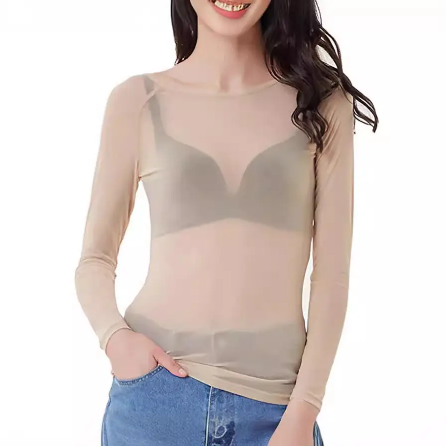 Women Long Sleeve Transparent Mesh Top White - Image 19
