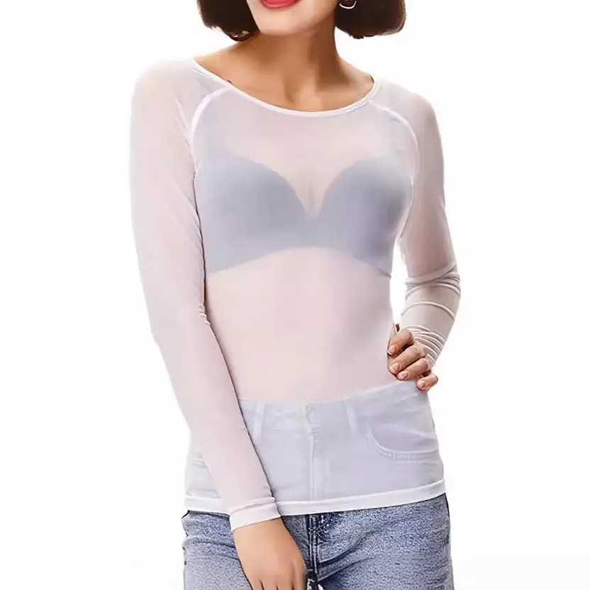 Women Long Sleeve Transparent Mesh Top White - Image 21