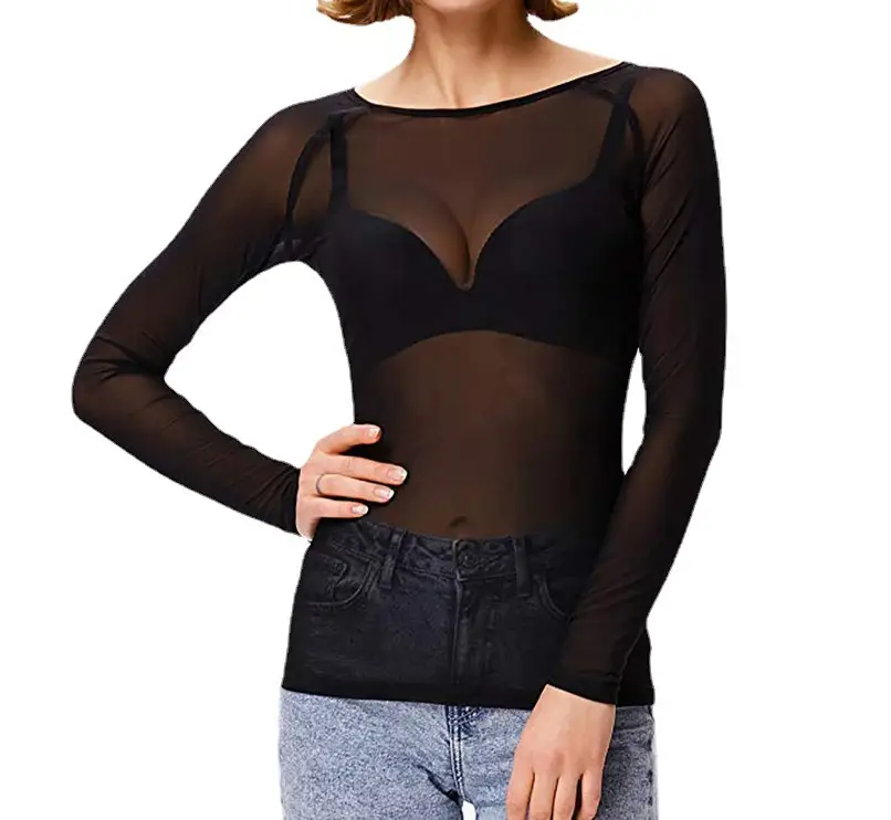 Women Long Sleeve Transparent Mesh Top White - Image 3
