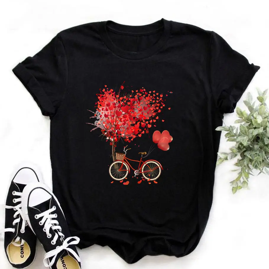 Women Pink Heart Bicycle Print T-Shirt Casual Wear