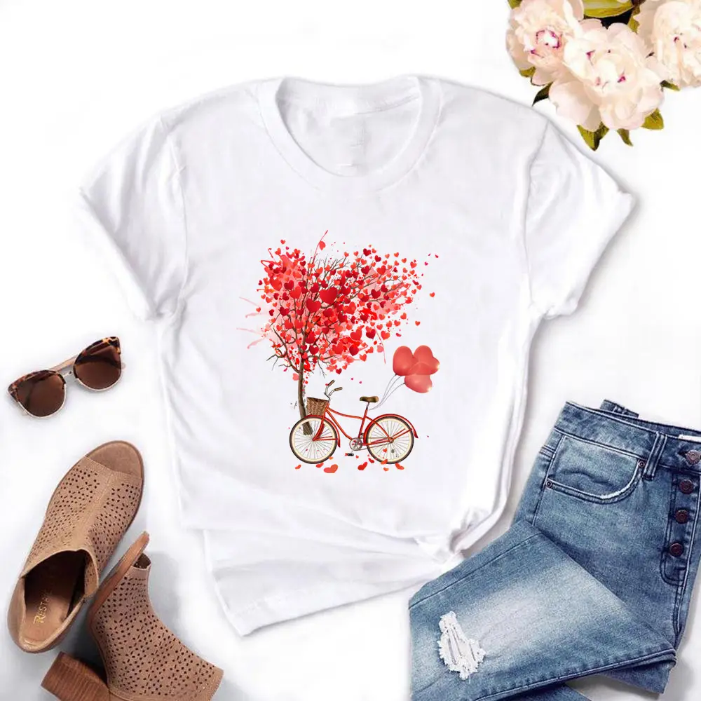 Women Pink Heart Bicycle Print T-Shirt Casual Wear