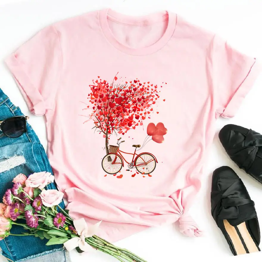 Women Pink Heart Bicycle Print T-Shirt Casual Wear
