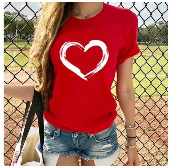 Women Pink Heart Bicycle Print T-Shirt Casual Wear