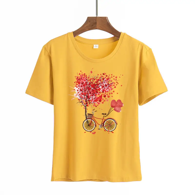 Women Pink Heart Bicycle Print T-Shirt Casual Wear