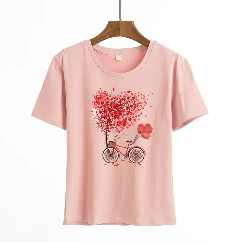 Women Pink Heart Bicycle Print T-Shirt Casual Wear