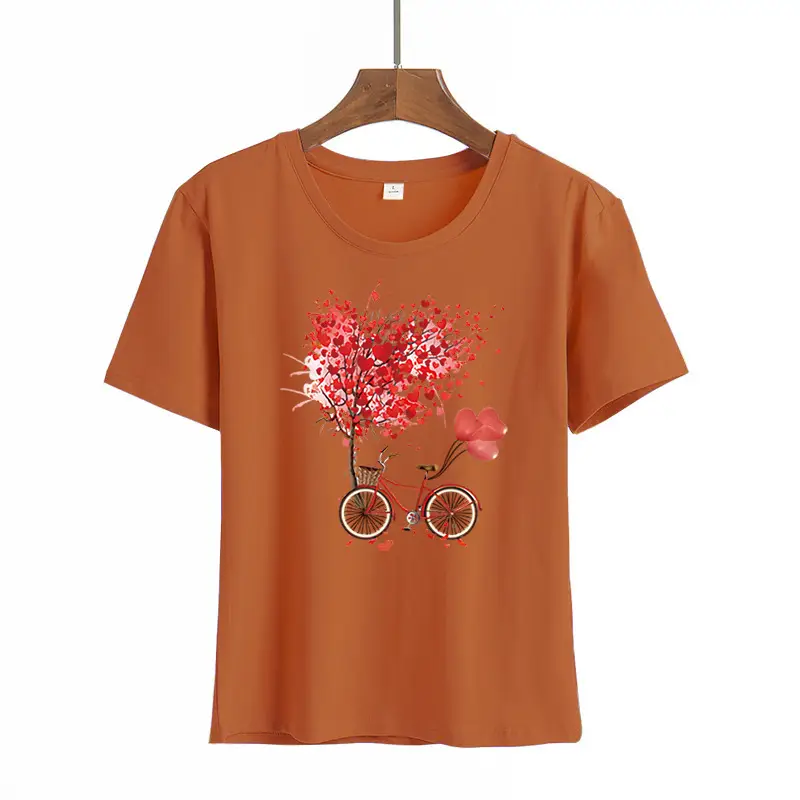 Women Pink Heart Bicycle Print T-Shirt Casual Wear