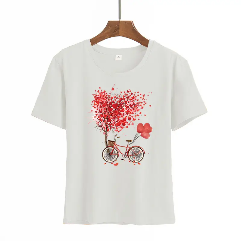 Women Pink Heart Bicycle Print T-Shirt Casual Wear